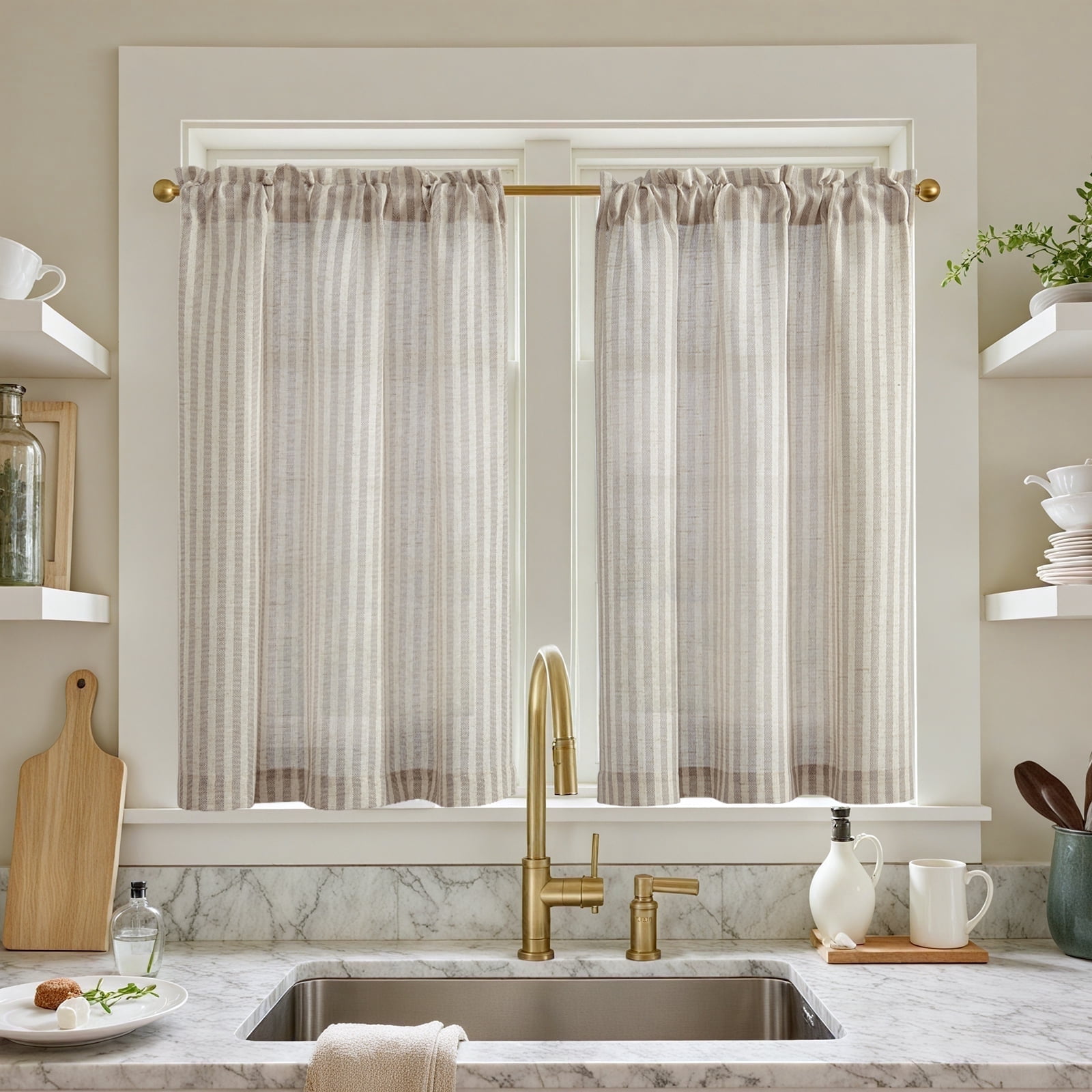 Boho Kitchen Curtains – Linen Tier, 45″ Length, Light Filtering – 2 Panels, Taupe/Beige Stripes For Farmhouse, RV, Bathroom