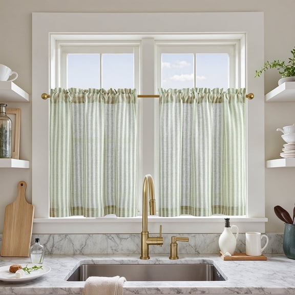 Curtainking Striped Kitchen Curtain Linen Cafe Curtains Semi-Sheer Tier Curtains 26x24 inch Rod Pocket 2 Panels Green on Beige