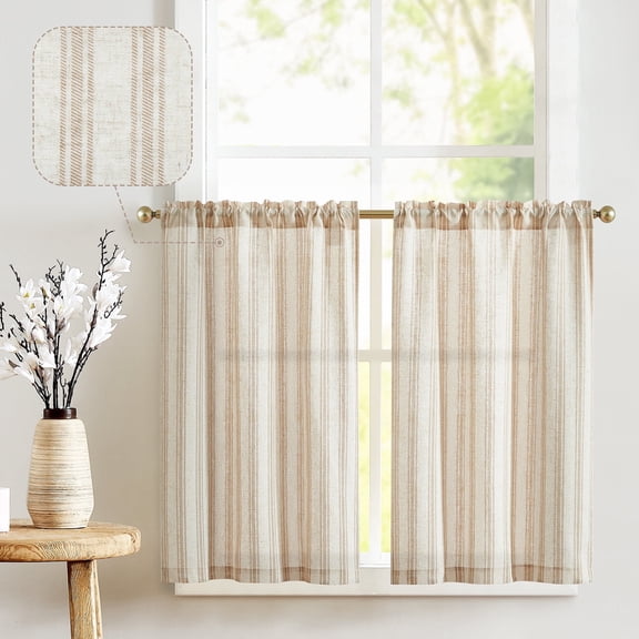 Curtainking Striped Kitchen Curtains Linen Cafe Curtains Semi-Sheer Farmhouse Tier Curtains 24 inch 2 Panels Short Curtains Rod Pocket Taupe on Beige