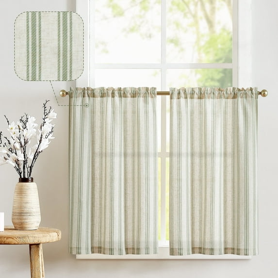 Curtainking Striped Kitchen Curtains Linen Cafe Curtains Semi-Sheer Farmhouse Tier Curtains 26x24 inch 2 Panels Short Curtains Green on Beige