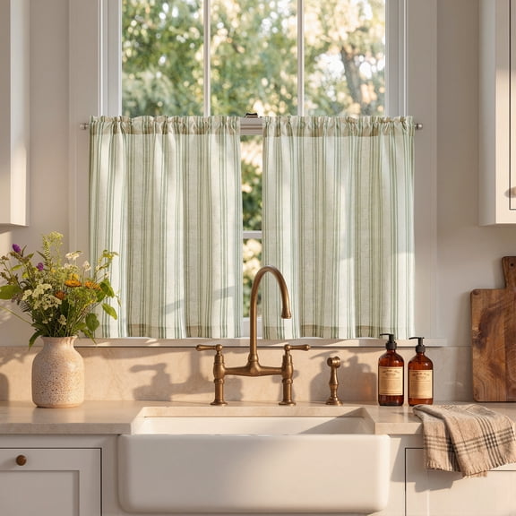 Curtainking Striped Kitchen Curtains Linen Cafe Curtains Semi-Sheer Farmhouse Tier Curtains 26x24 inch 2 Panels Short Curtains Green on Beige