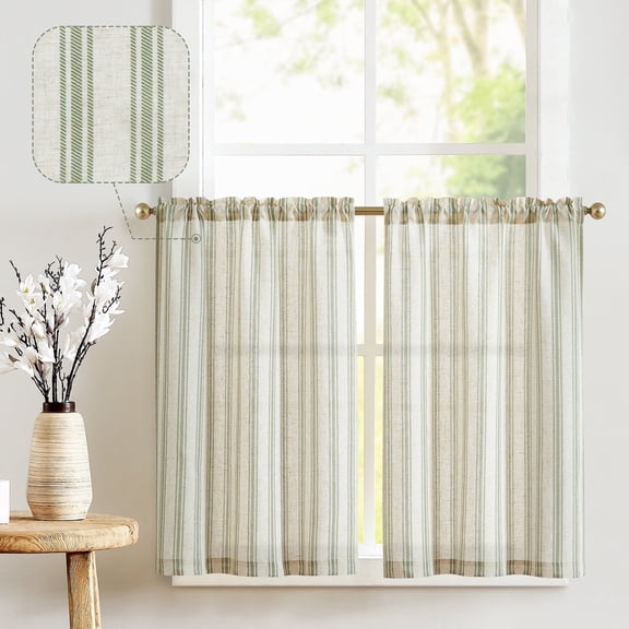 Curtainking Striped Kitchen Curtains Linen Cafe Curtains Semi-Sheer Farmhouse Tier Curtains 26x36 inch 2 Panels Short Curtains Rod Pocket Green on Beige