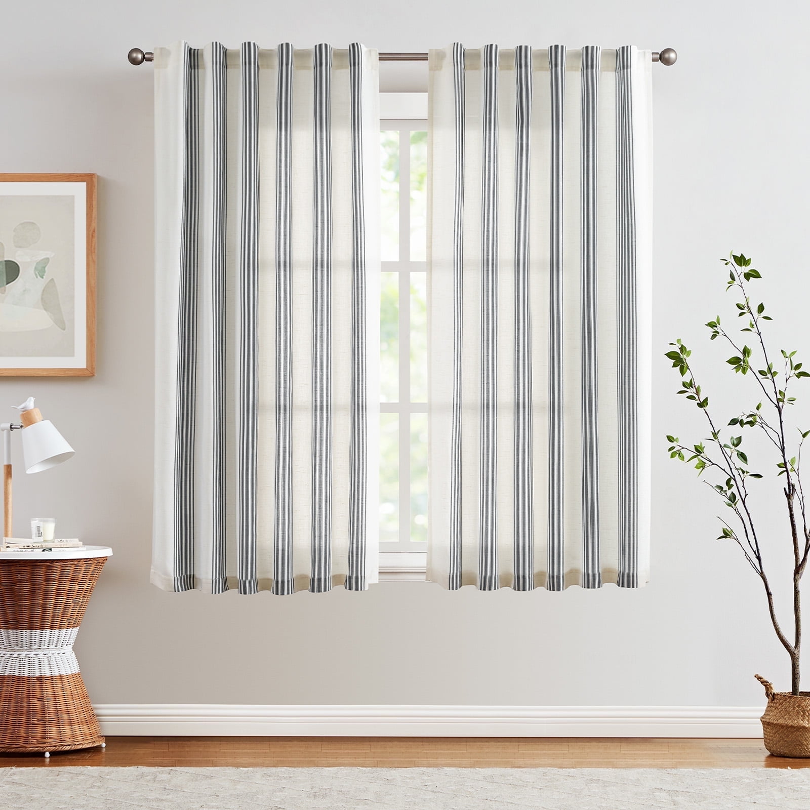 Curtainking Striped Linen Curtains 63 Inch Black Farmhouse Rustic Curtains for Living Room Semi Sheer Back Tab Light Filtering Coastal Drapes for Bedroom Window Curtain 2 Panels