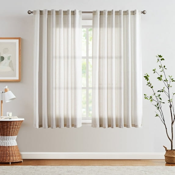 Curtainking Striped Linen Curtains 63 Inch Gray Farmhouse Rustic Curtains for Living Room Semi Sheer Back Tab Light Filtering Coastal Drapes for Bedroom Window Curtain 2 Panels