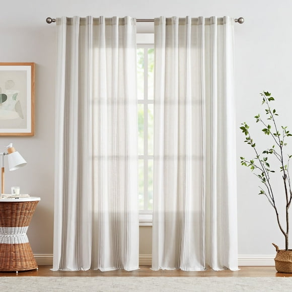 Curtainking Striped Linen Curtains 84 Inch Gray Farmhouse Rustic Curtains for Living Room Semi Sheer Back Tab Light Filtering Coastal Drapes for Bedroom Window Curtain 2 Panels