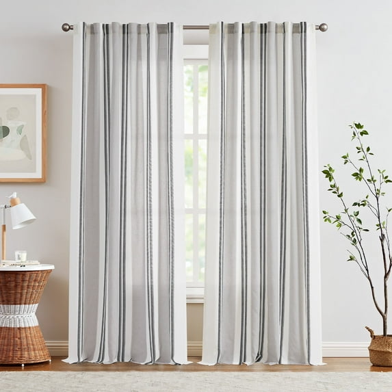 Curtainking Striped Linen Curtains 96 Inch Black Farmhouse Rustic Curtains for Living Room Semi Sheer Back Tab Light Filtering Coastal Drapes for Bedroom Window Curtain 2 Panels