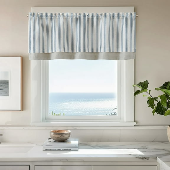 Curtainking Striped Valance Kitchen Valance for Windows Double Layer Curtains Light Filtering Flax Valance 50x18 inch Length Rod Pocket 1 Panel Blue on Beige