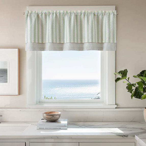 Curtainking Striped Valance Kitchen Valance for Windows Double Layer Curtains Light Filtering Flax Valance 50x18 inch Length Rod Pocket 1 Panel Green on Beige