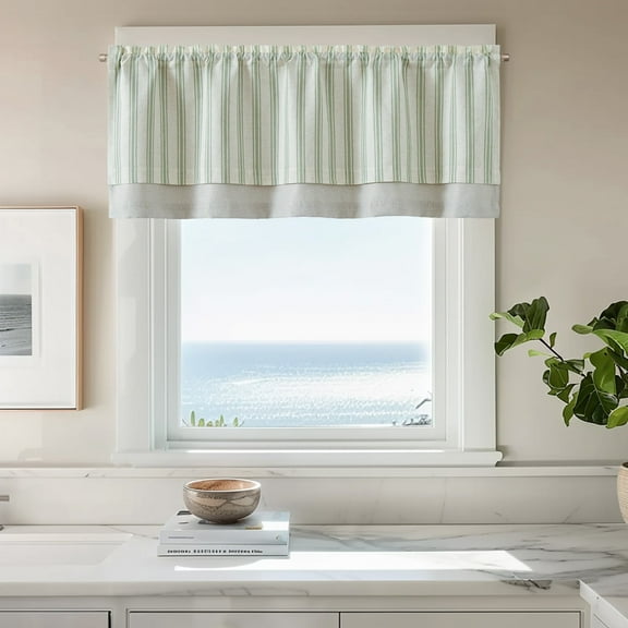 Curtainking Striped Valance Kitchen Valance for Windows Double Layer Curtains Light Filtering Flax Valance 50x18 inch Length Rod Pocket 1 Panel Green on Beige