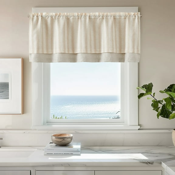 Curtainking Striped Valance Kitchen Valance for Windows Double Layer Curtains Light Filtering Flax Valance 50x18 inch Length Rod Pocket 1 Panel Taupe on Beige