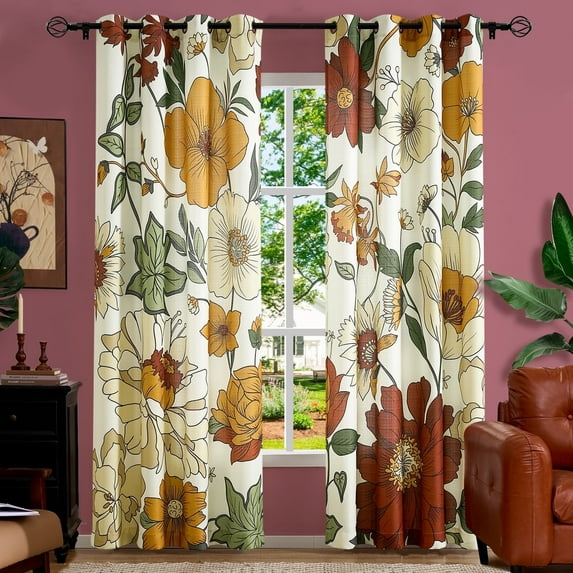 Curtainking Floral Curtains for Bedroom Linen Textured Curtains for Living Room Vintage Flower Pattern Printed Window Curtains 84 Inches Length 2 Panels Set with Grommet Beige