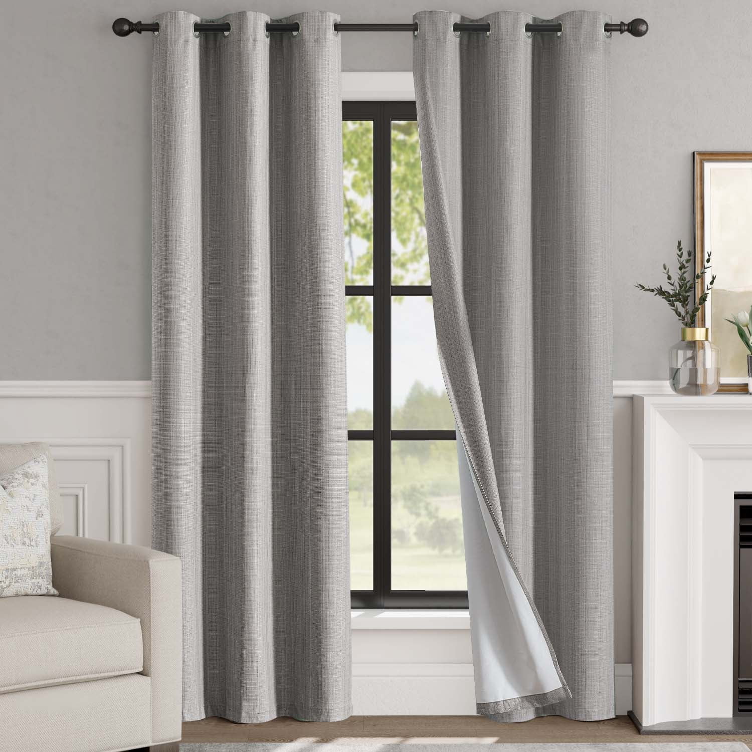 Curtainking 100% Blackout Curtains 38 x 96 Inches Grey Linen Textured Black Out Curtain Grommet 2 Panels