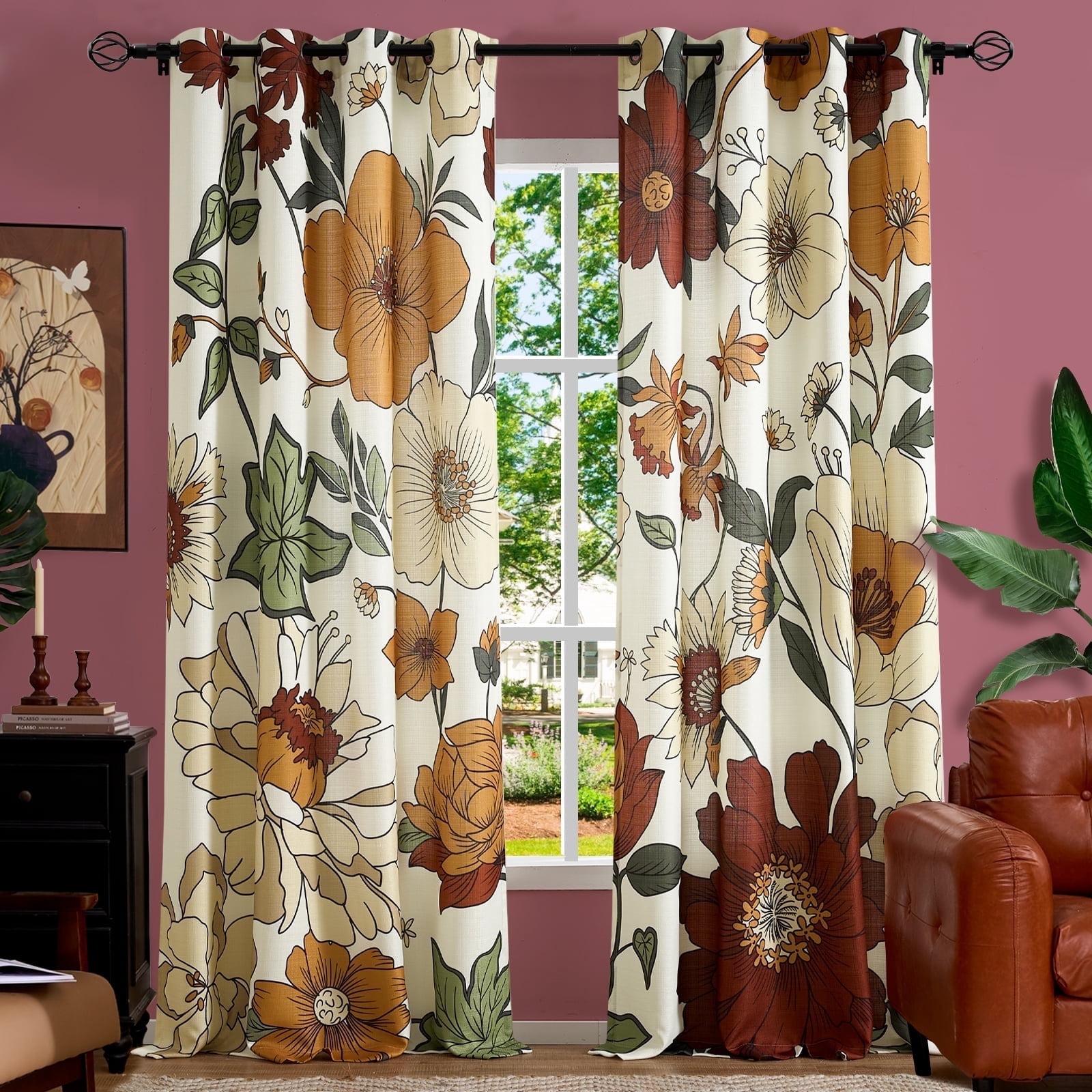Curtainking Floral Curtains for Bedroom Linen Textured Curtains for Living Room Vintage Flower Pattern Printed Window Curtains 96 Inches Length 2 Panels Set with Grommet Beige