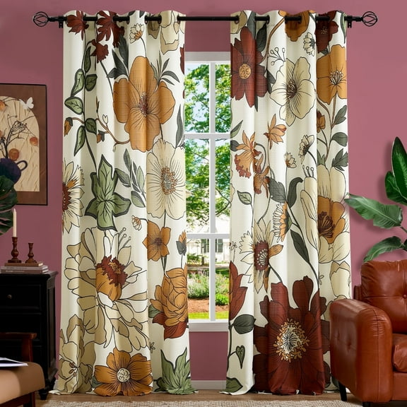 Curtainking Floral Curtains for Bedroom Linen Textured Curtains for Living Room Vintage Flower Pattern Printed Window Curtains 96 Inches Length 2 Panels Set with Grommet Beige