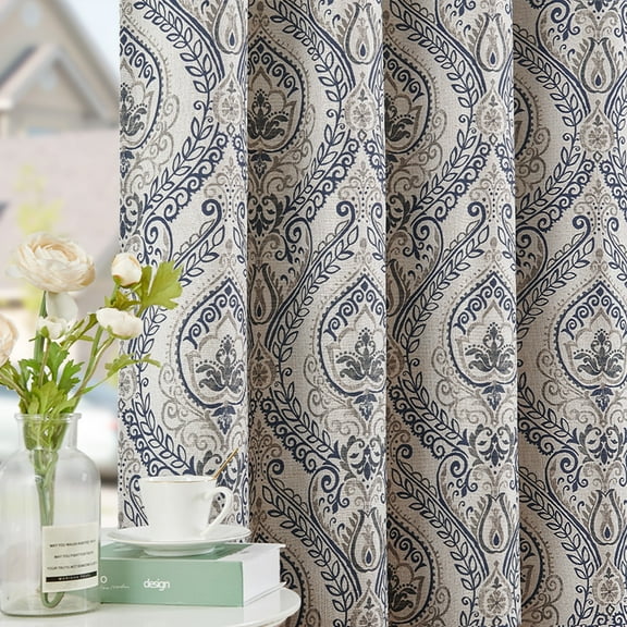 Curtainking Vintage Look Damask Printed Curtains for Bedroom Living Room Linen Textured Thermal Insulated Grommet Curtains, 50" x 84" 2 Panels, Blue on Greyish Beige