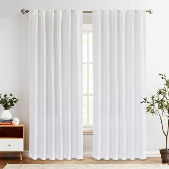 Curtainking White Curtains 84 Inches for Living Room Back Tab Window Drapes Rod Pocket Farmhouse Linen Curtains Bedroom Light Filtering Curtains 2 Panels