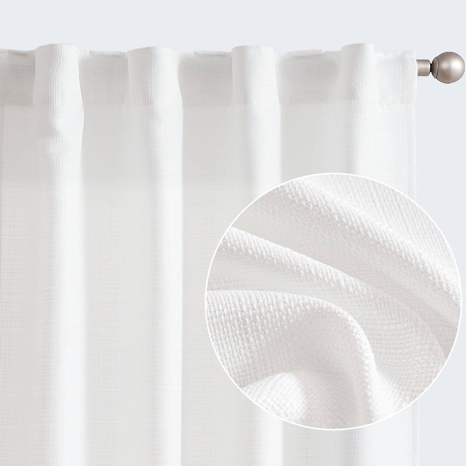 Curtainking White Curtains for Living Room 96 inches Linen Textured Curtains Light Filtering Back Tab Curtains Casual Weave Back Tab Drapes 2 Panels