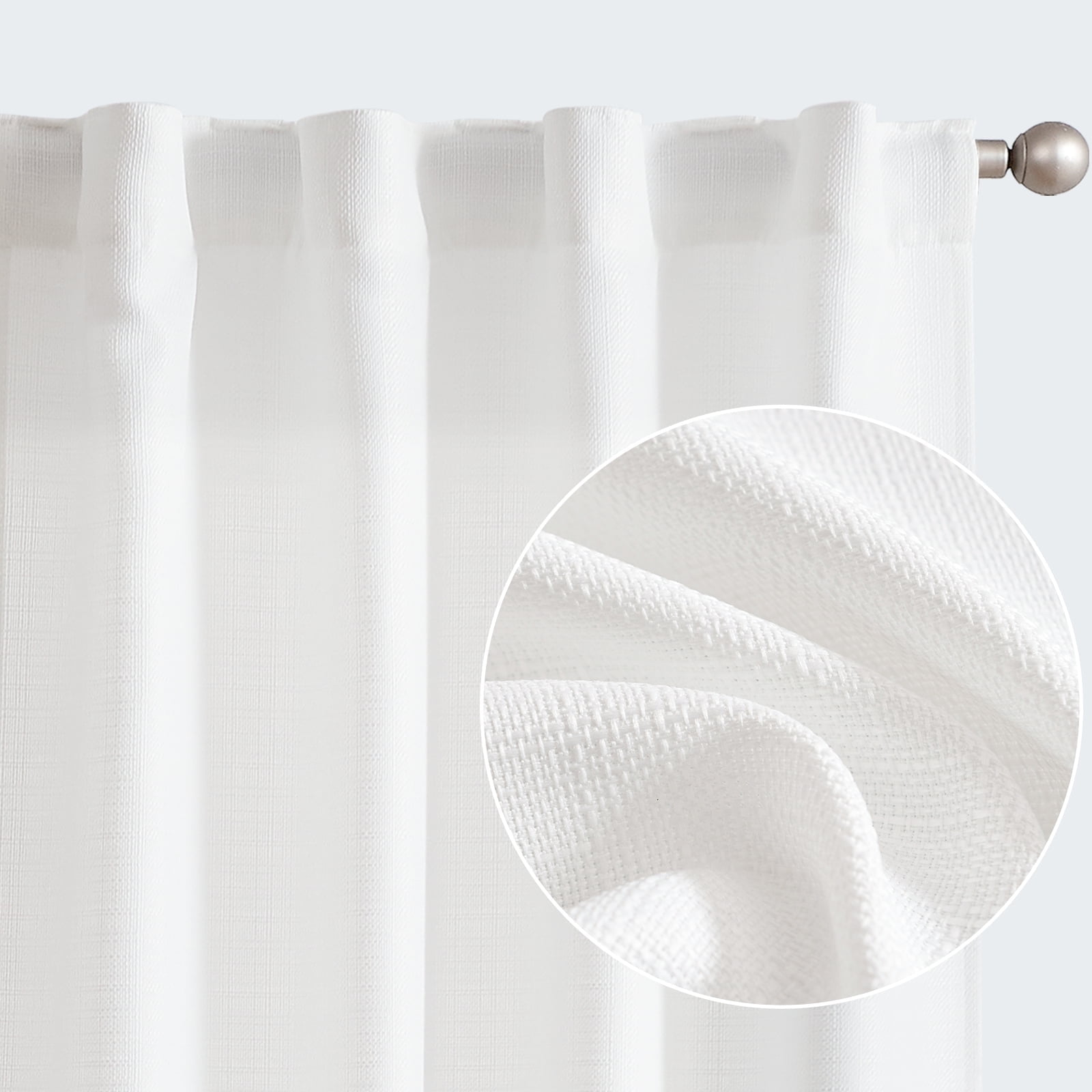 White Linen Textured Light Filtering Back Tab Curtains, 96 Inches, 2 Panels