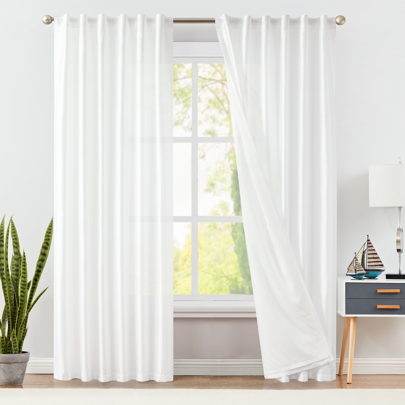 Curtainking White Living Room Curtains Faux Silk 84 Inch Dupioni ...