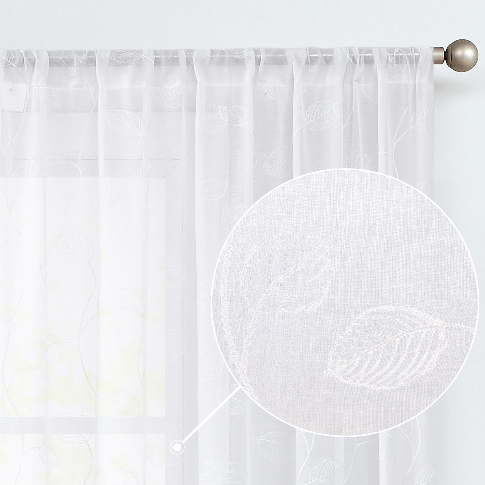 Curtainking White Sheer Curtains for Living Room Embroidered Leaf Window Curtains 84 inch Length light Filtering Drapes Rod Pocket 2 Panels White