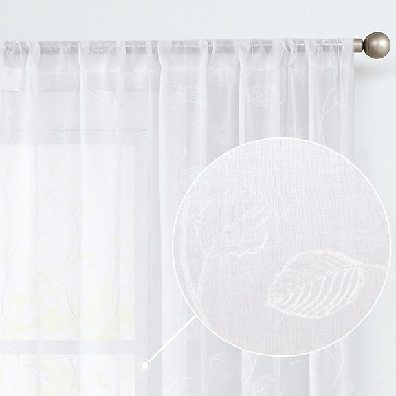 Curtainking White Sheer Curtains for Living Room Embroidered Leaf Window Curtains 84 inch Length light Filtering Drapes Rod Pocket 2 Panels White