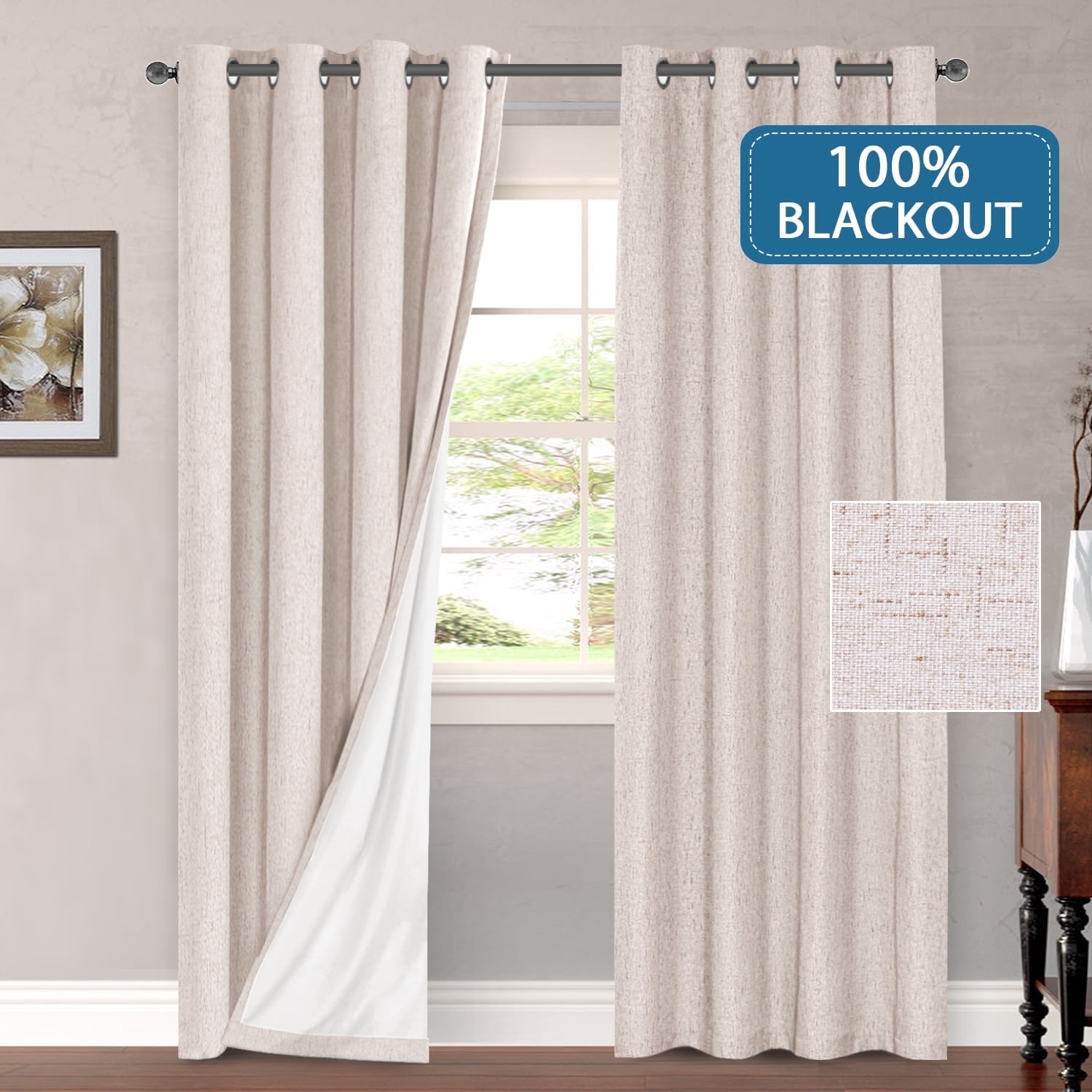 PrimeBeau Linen Look Blackout Privacy Curtain Panels, Extra Long 108" Inches, Natural Color, 2 Panels