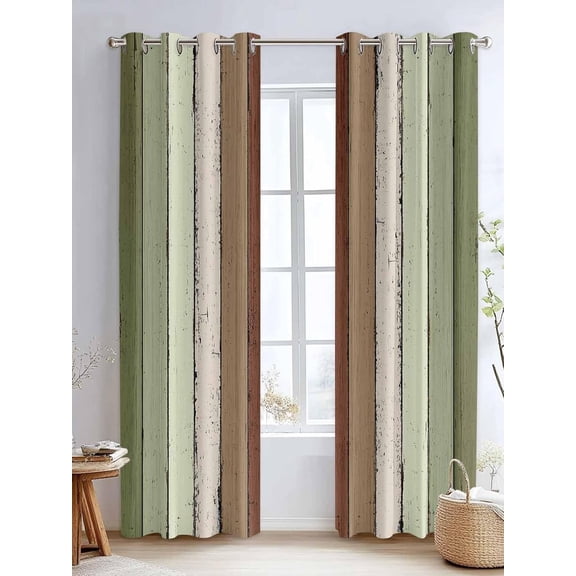 Curtains 2 Panels, Sage Green Grommets Window Treatment Curtain, Farmhouse Wood Grain Vintage Brown Striped Thermal Curtains Drapes for Living Room Bathroom-42"W x 45"L (Pack of 2)