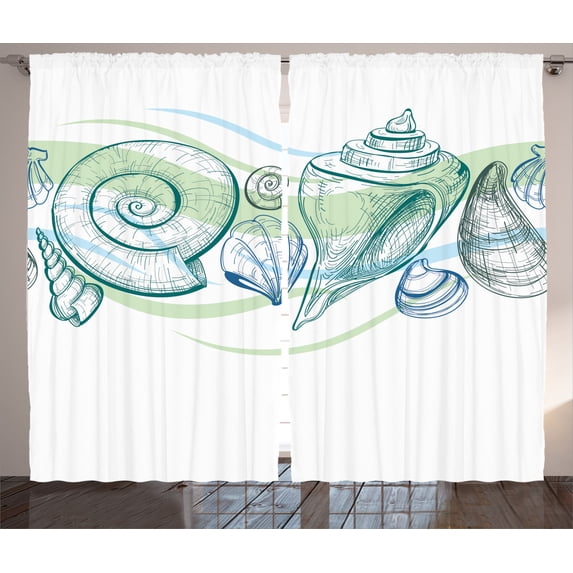 Ambesonne Sketchy Curtains 2 Panel Set, Pastel Color Sealife, 108" x 84", White Green