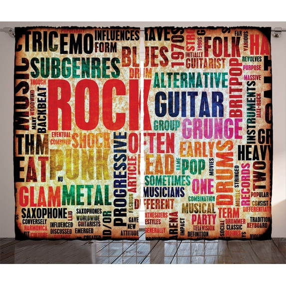 Ambesonne Retro Curtains 2 Panel Set, Music Rock 'n' Roll Poster, 108" x 90", Multicolor