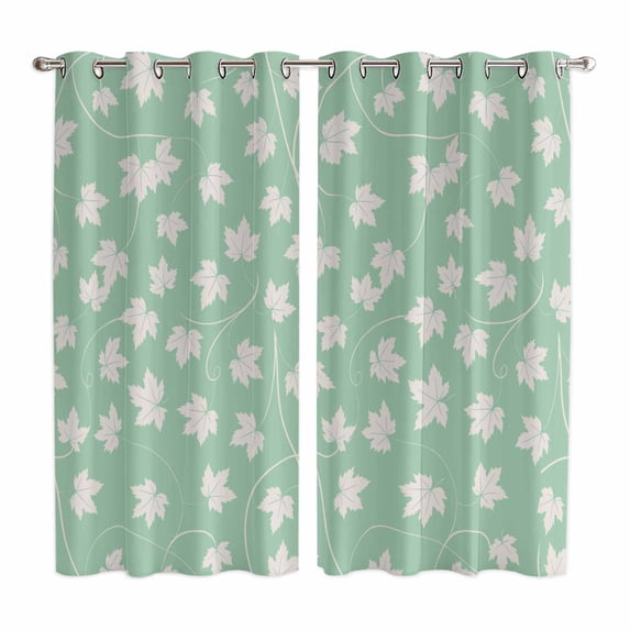 Curtains 63 Inch Length 2 Panels, Autumn Leaf Grommets Window Treatment Curtain, Green Maple Fallen Leaves Solid Color Thermal Curtains Drapes for Living Room/Bathroom