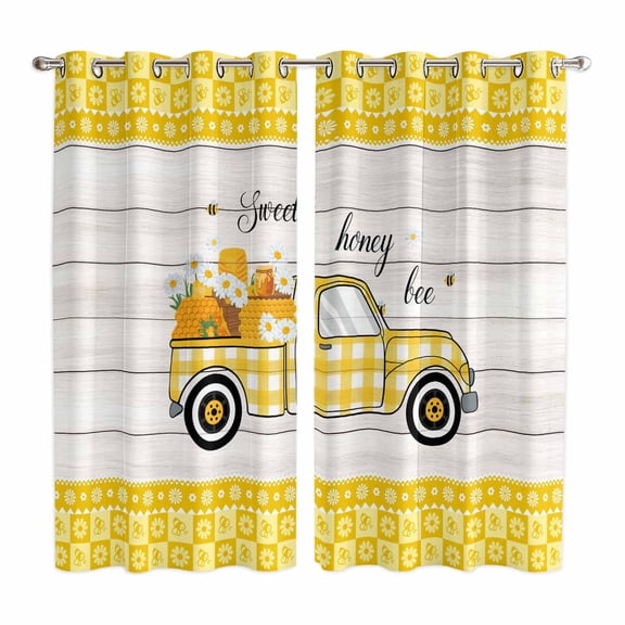 Curtains 63 Inch Length 2 Panels, Bee Truck Grommets Window Treatment Curtain, Yellow Honey Daisy Floral Plaid Wooden Grain Thermal Curtains Drapes for Living Room/Bathroom