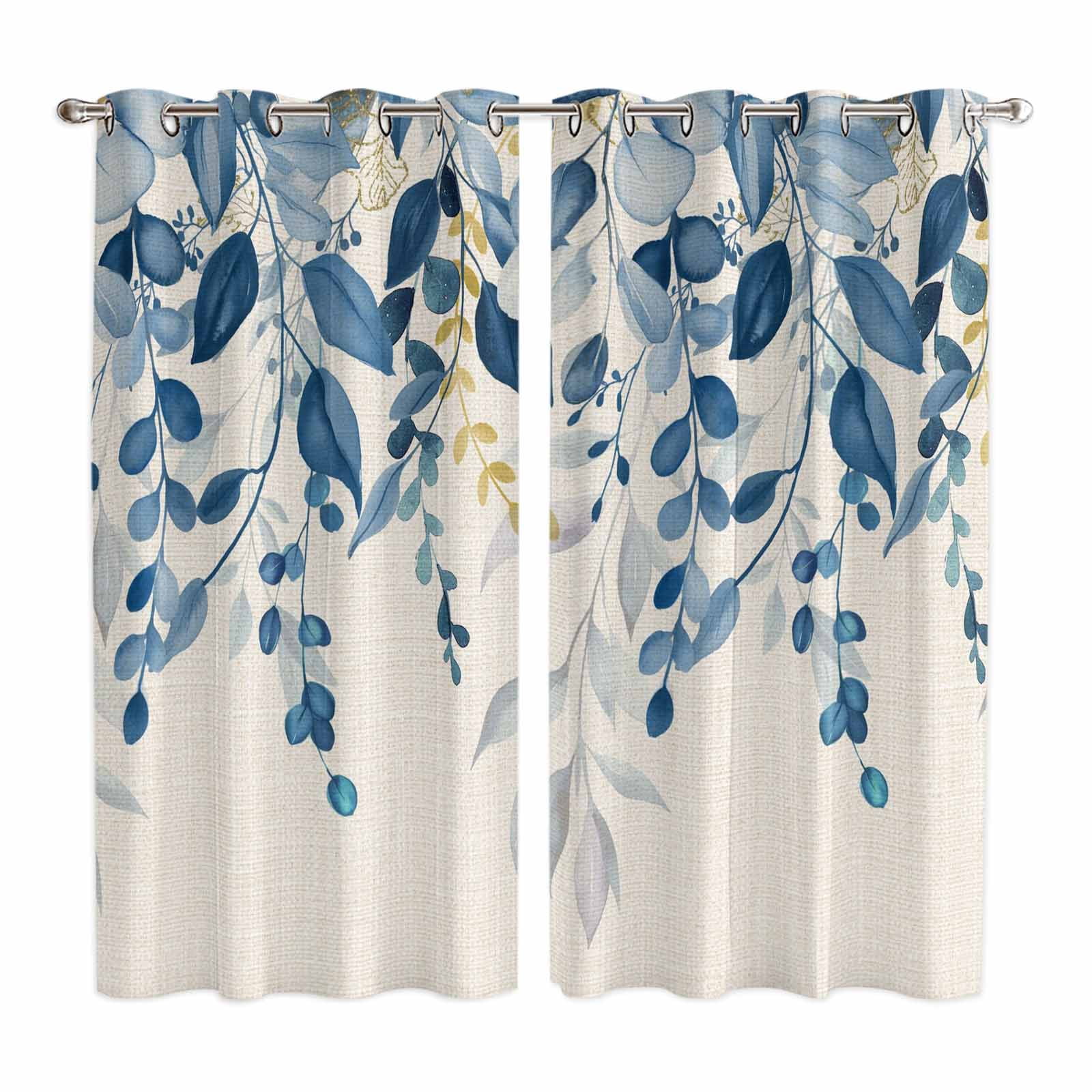 Curtains 63 Inch Length 2 Panels, Blue Eucalyptus Grommets Window Treatment Curtain, Farmhouse Weeping Leaves Linen Thermal Curtains Drapes for Living Room/Bathroom