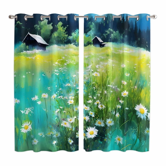 Curtains 63 Inch Length 2 Panels, Blue Green Forests Grommets Window Treatment Curtain, Spring Oil Painting Daisy Nature Landscape Thermal Curtains Drapes for Living Room/Bathroom