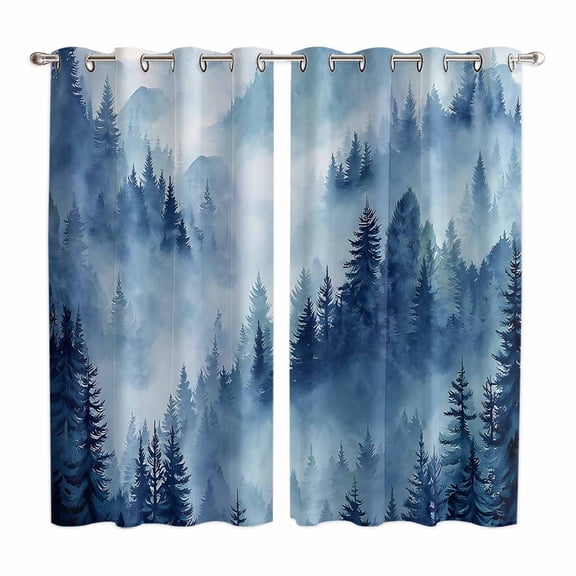 Curtains 63 Inch Length 2 Panels, Blue Mountain Grommets Window Treatment Curtain, Misty Forest Nature Woodland Pine Tree Landscape Thermal Curtains Drapes for Living Room/Bathroom