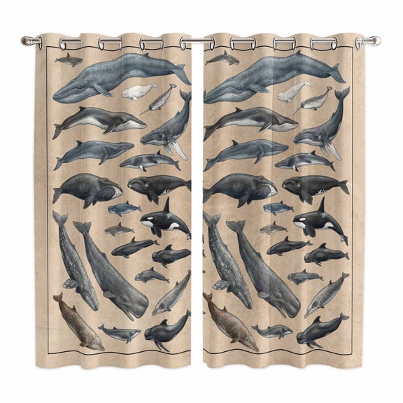 Curtains 63 Inch Length 2 Panels, Blue Ocean Whales Grommets Window Treatment Curtain, Retro Coastal Underwater Animal Brown Thermal Curtains Drapes for Living Room/Bathroom