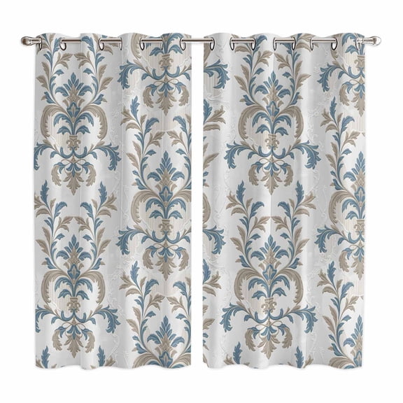 Curtains 63 Inch Length 2 Panels, Blue Tan Flower Grommets Window Treatment Curtain, Abstract Vintage Ethnic Tribal Boho Thermal Curtains Drapes for Living Room/Bathroom
