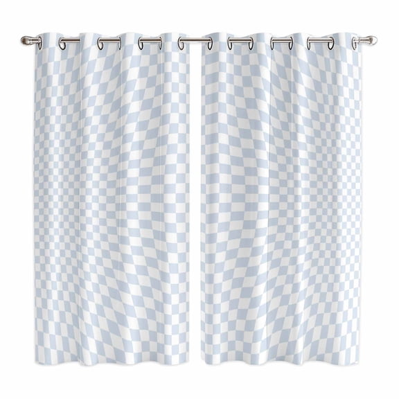 Curtains 63 Inch Length 2 Panels, Blue White Plaid Grommets Window Treatment Curtain, Modern Minimalist Geometric Lattice Thermal Curtains Drapes for Living Room/Bathroom