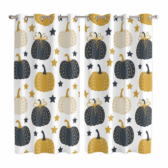 Curtains 63 Inch Length 2 Panels, Blue Yellow Fall Grommets Window Treatment Curtain, Thanksgiving Pumpkins Star Thermal Curtains Drapes for Living Room/Bathroom