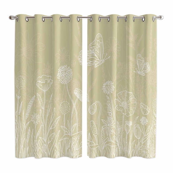 Curtains 63 Inch Length 2 Panels, Brown Wildflowers Grommets Window Treatment Curtain, Modern Floral Butterfly Plant Thermal Curtains Drapes for Living Room/Bathroom