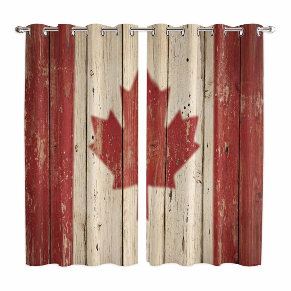 Curtains 63 Inch Length 2 Panels, Canada Grommets Window Treatment Curtain, Red Maple Leaf Flag Vintage Farmhouse Wooden Grain Thermal Curtains Drapes for Living Room/Bathroom