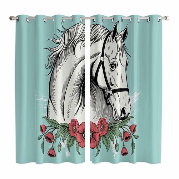 Curtains 63 Inch Length 2 Panels, Cartoon Horse Grommets Window Treatment Curtain, Modern Minimalist Animals Flower Plant Green Thermal Curtains Drapes for Living Room/Bathroom