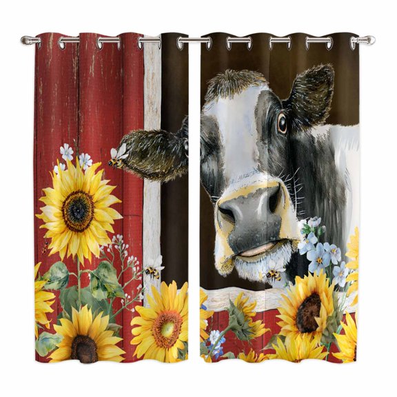 Curtains 63 Inch Length 2 Panels, Cows Sunflowers Grommets Window Treatment Curtain, Rustic Farms Barns Flowers Bees Animals Thermal Curtains Drapes for Living Room/Bathroom
