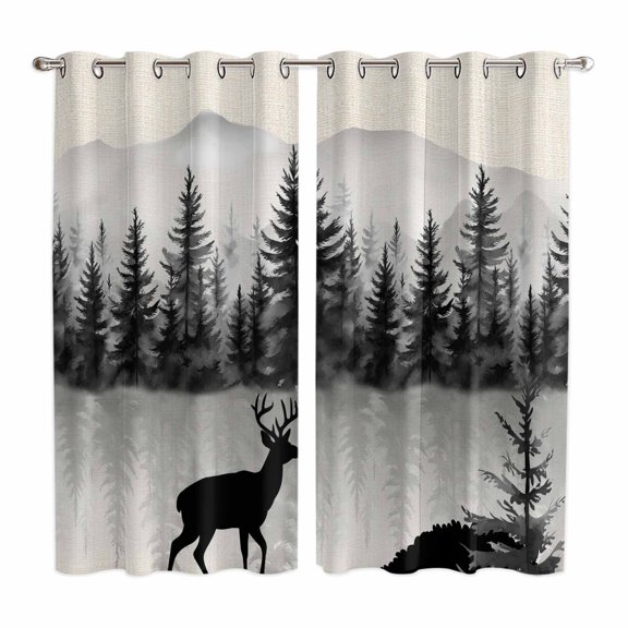 Curtains 63 Inch Length 2 Panels, Deer Forest Grommets Window Treatment Curtain, Farmhouse Vintage Nature Trees Mountain Thermal Curtains Drapes for Living Room/Bathroom