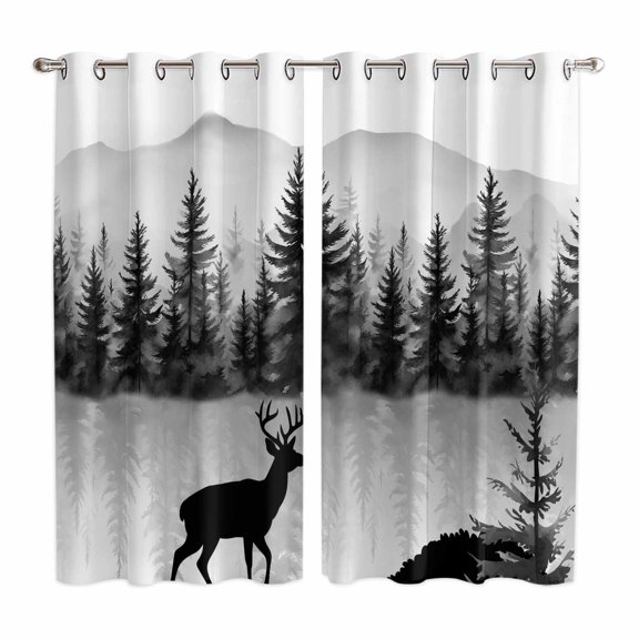 Curtains 63 Inch Length 2 Panels, Deer Forest Grommets Window Treatment Curtain, Retro Country Trees Mountain Nature Scenery Thermal Curtains Drapes for Living Room/Bathroom