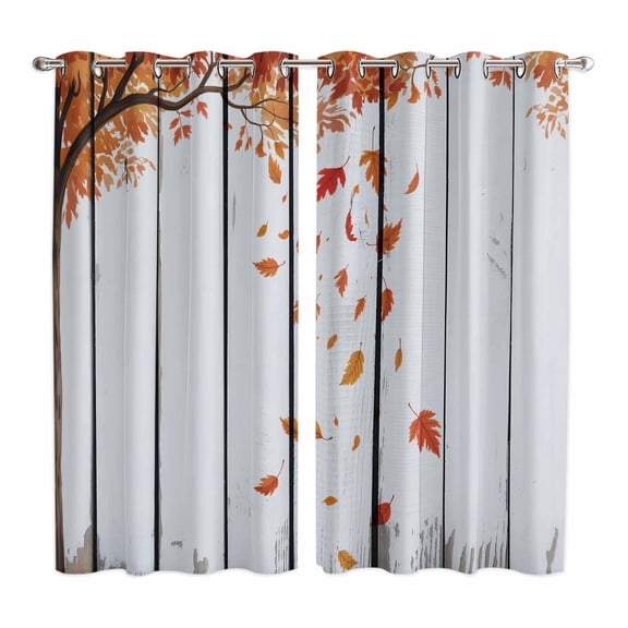 Curtains 63 Inch Length 2 Panels, Fall Maple Leaf Grommets Window Treatment Curtain, Autumn Tree Leaves Retro Wooden Grain Thermal Curtains Drapes for Living Room/Bathroom