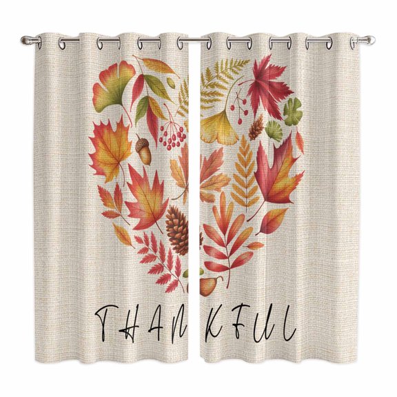 Curtains 63 Inch Length 2 Panels, Fall Maple Leaves Grommets Window Treatment Curtain, Autumn Love Pinecone Rustic Beige Thermal Curtains Drapes for Living Room/Bathroom