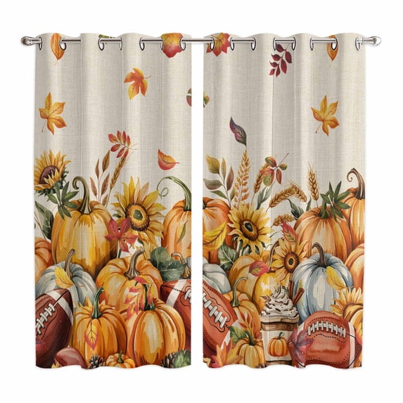 Curtains 63 Inch Length 2 Panels, Fall Pumpkin Grommets Window Treatment Curtain, Vintage Rugby Pumpkin Sunflower Maple Leaf Thermal Curtains Drapes for Living Room/Bathroom