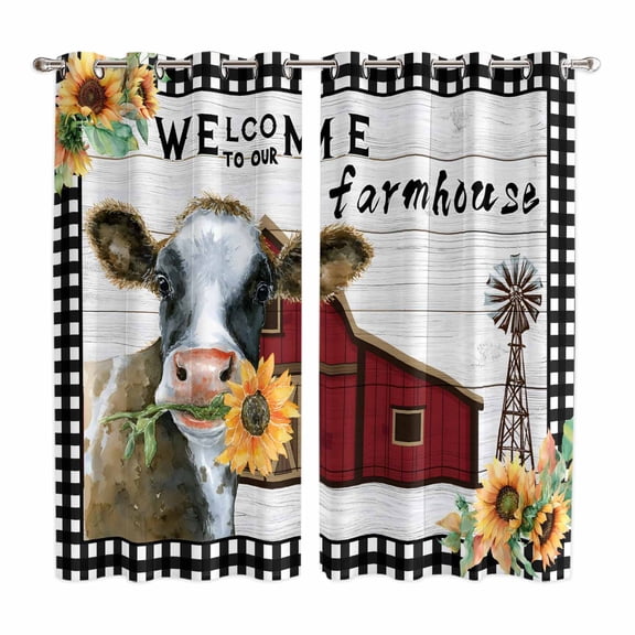 Curtains 63 Inch Length 2 Panels, Farm Cow Grommets Window Treatment Curtain, Country Cabin Red Barn Animals Sunflowers Plaid Thermal Curtains Drapes for Living Room/Bathroom