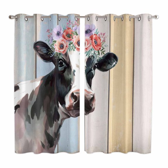 Curtains 63 Inch Length 2 Panels, Farmhouse Cow Grommets Window Treatment Curtain, Spring Floral Farm Animal Wooden Thermal Curtains Drapes for Living Room/Bathroom