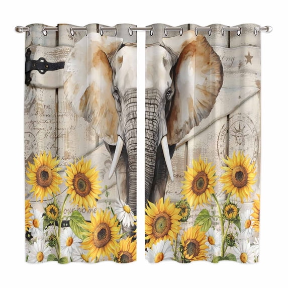 Curtains 63 Inch Length 2 Panels, Farmhouse Elephants Grommets Window Treatment Curtain, Spring Summer Sunflowers Wood Grain Thermal Curtains Drapes for Living Room/Bathroom